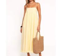 Shein Vestido de verano elegante de mezcla de lino con volantes en el bajo, sin mangas y con tirantes largos, estilo retro y lindo para fiestas