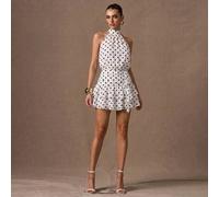 Shein Vestido de verano elegante y dulce con cuello halter, ajustado, con volantes en el bajo, de unicolor con lunares, vestido mini adecuado para citas rom