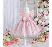 Shein Vestido de verano para bebé niña con adorno de lazo de volantes adorable y bordado de flores en malla para salidas