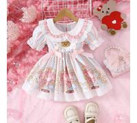 Shein Vestido de verano para bebé niña con bonito estampado de oso de dibujos animados, cuello Peter Pan con mangas cortas abullonadas