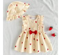 Shein Vestido de verano para bebé niña recién nacida con cuello redondo, volantes, estampado de cerezas de dibujos animados, sin mangas, con moño rojo y som