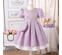 Shein Vestido de verano para niña con mangas de tela estampada elegante roja y blanca con diseño de oveja, delantero de punto, empalme de botones dorados y