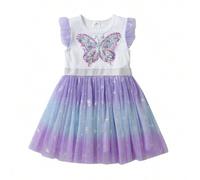 Shein Vestido de verano para niñas con lentejuelas, con patrón de mariposa, manga acampanada sin mangas, falda de tul degradado para niña joven, ropa de vac