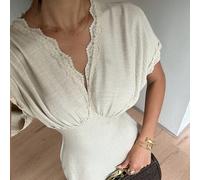 Shein Vestido de verano y primavera de encaje francés y lino con diseño de corte en V, cintura alta con pliegues, ajuste estilizador, fluido de longitud med