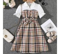 Shein Vestido deportivo de moda casual para niña entre 8 y 12 años, vestido de estilo lady con cuello de camisa en parches de cuadros, un gran regalo
