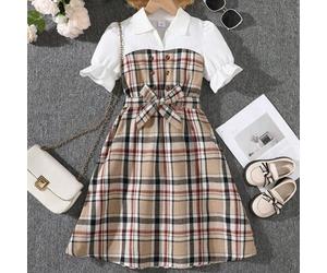 Shein Vestido deportivo de moda casual para niña entre 8 y 12 años, vestido de estilo lady con cuello de camisa en parches de cuadros, un gran regalo