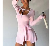 Shein Vestido deportivo para mujer, cuello en U con lazo de contraste, manga corta, espalda en U con lazo, 2 en 1 con pantalones cortos y bolsillos, adecuad