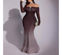 Shein Vestido elegante ajustado de hombros descubiertos con degradado y bajo de sirena para talla grande, rojo navideño para fiesta