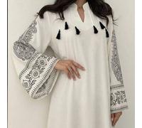 Shein Vestido elegante árabe de manga larga con cuello Mao, estampado de ubicación tejido y colgante con flecos para mujer, primavera/verano