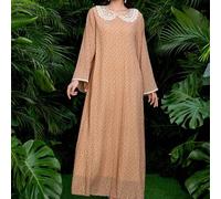 Shein Vestido elegante árabe de manga larga con cuello y puños bordados, con estampado floral de textura tejida para mujer, para primavera/verano