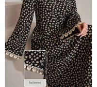 Shein Vestido elegante árabe de manga larga con volantes y estampado floral de terciopelo de seda para mujer, para primavera/verano