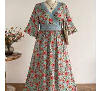 Shein Vestido elegante casual de mujer talla grande Rusttydustty con estampado floral vintage, encaje, cuello en V y mangas con volantes, para otoño, Año Nu