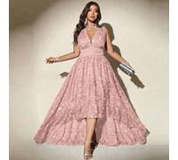 Shein Vestido elegante con cuello en V, cintura ceñida y encaje para tallas grandes