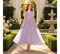 Shein Vestido elegante con cuello en V y volantes para niñas preadolescentes, ideal para dama de honor, boda, fiesta, moda, concurso de belleza, cumpleaños,