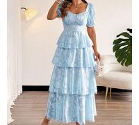 Shein Vestido elegante con escote cuadrado, lazo, espalda descubierta, volantes en capas y mangas de mariposa para mujeres de talla grande