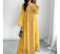 Shein Vestido elegante de estilo árabe con estampado floral digital, de manga larga y cuello en V para mujer, para primavera/otoño