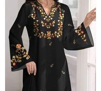 Shein Vestido elegante de estilo árabe con estampado floral y de hojas, de manga larga y cuello en V, para primavera/otoño