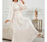 Shein Vestido elegante de estilo árabe de unicolor con cuello redondo, mangas farol y pliegues, modesto para primavera