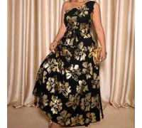 Shein Vestido elegante de fiesta con cuello asimétrico, cintura con lazo y corte evasé con estampado floral de lentejuelas, adecuado para tallas grandes y p