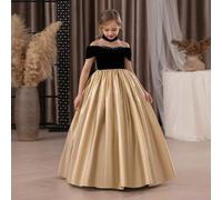 Shein Vestido elegante de fiesta con hombros descubiertos, parches dorados y cuentas hechas a mano para niña preadolescente. Vestido de princesa adecuado pa