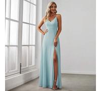 Shein Vestido elegante de fiesta o boda para dama de honor, de unicolor azul claro, con escote en V, plisado y abertura alta, con tirantes finos