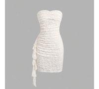 Shein Vestido Elegante de Fiesta sin Tirantes con Volantes de Encaje, Nudo y Fruncido en Color Liso de Punto para Niña Adolescente