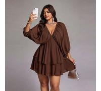 Shein Vestido elegante de gasa amarilla para mujer talla grande, diseño de escote en V profundo, espalda descubierta con lazo, mangas abullonadas, dobladill