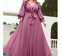 Shein Vestido elegante de gasa con cuello en V, mangas farol, busto fruncido, cintura con lazo y fluido, ideal para bodas y fiestas de primavera