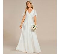 Shein Vestido elegante de gasa con cuello en V y manga corta, con aplicaciones, para fiesta de despedida de soltera, vestido de novia, vestido blanco para d