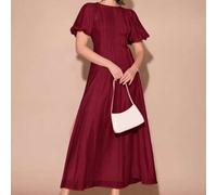 Shein Vestido elegante de manga corta abullonada con cuello redondo y pliegues, unicolor, para primavera/verano de mujer