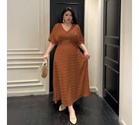 Shein Vestido elegante de manga corta con estampado jacquard de unicolor y collar y aretes a juego, adecuado para el atuendo de mujer talla grande para prim