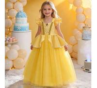 Shein Vestido elegante de manga corta con lentejuelas y malla amarilla para niñas jóvenes
