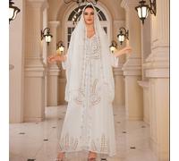 Shein Vestido elegante de manga larga con brillo y pañuelo a juego, vestido modesto tipo kaftan árabe, primavera blanco