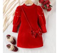 Shein Vestido elegante de manga larga con mangas abullonadas, decorado con cuentas y lazo, de alta gama, en color rojo, adecuado para que las niñas asistan