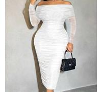 Shein Vestido elegante de manga larga y hombros descubiertos con pliegues y ajuste ceñido en talla grande, vestido de fiesta de primavera-verano