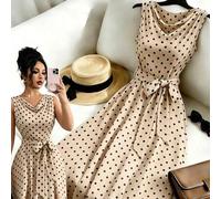 Shein Vestido elegante de moda para mujer para ir al trabajo con cuello drapeado, lunares brillantes, cuello fruncido vintage, cinturón con lazo que ciñe la