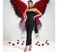 Shein Vestido elegante de mujer con adornos de strass, corte halter, espalda descubierta y cintura alta, adecuado para ocasiones formales como galas, fiesta