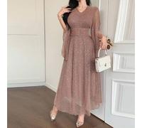 Shein Vestido elegante de mujer con cintura ceñida y destellos, vestido de gala de lujo con lentejuelas y brillos