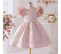 Shein Vestido elegante de princesa de tela de brocado jacquard con mangas de globo, cuello cuadrado tejido y adorno de roseta 3D para niña preadolescente, p