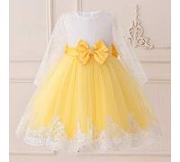 Shein Vestido elegante de princesa para niñas con mangas largas de encaje, malla y lazo, adecuado para la escuela, recital de piano y ocasiones formales. No