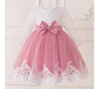 Shein Vestido elegante de princesa para niñas con mangas largas de encaje, malla y lazo, adecuado para la escuela, recital de piano y ocasiones formales. No