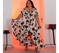Shein Vestido elegante de talla grande con estampado de rosas y hombros descubiertos con abertura, apto para usar en Semana Santa