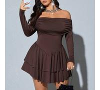 Shein Vestido elegante de talla grande con hombros descubiertos, cintura ceñida y unicolor, para otoño