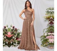 Shein Vestido elegante de un solo hombro con abertura y bajo de longitud hasta el piso con lentejuelas - Luce elegante en eventos de etiqueta, bodas o galas