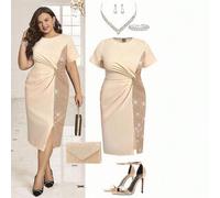 Shein Vestido elegante de verano con lentejuelas y parches, con abertura lateral y detalle de nudo en la parte delantera, talla grande