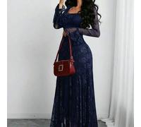 Shein Vestido elegante francés romántico sexy para mujer con cuello cuadrado, encaje de rosa jacquard, estilo vintage, mangas con volantes de doble capa, do