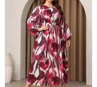 Shein Vestido elegante modesto de talla grande con cuello redondo, estampado floral romántico, mangas farol para primavera/verano, estilo árabe