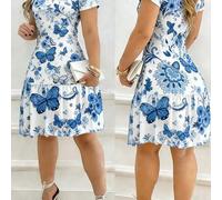 Shein Vestido elegante para mujer de primavera/verano, selección versátil y bestseller, nuevo estilo con estampado de mariposas y flores, cuello redondo, ma