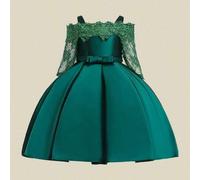 Shein Vestido elegante para niña con cintura de encaje y lazo de satén liso, vestido de fiesta, accesorios no incluidos