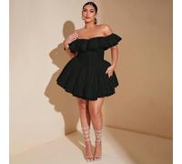 Shein Vestido elegante plisado con hombros descubiertos y encaje fruncido en talla grande, vestido de línea A de unicolor con mangas de pétalos de encaje, v